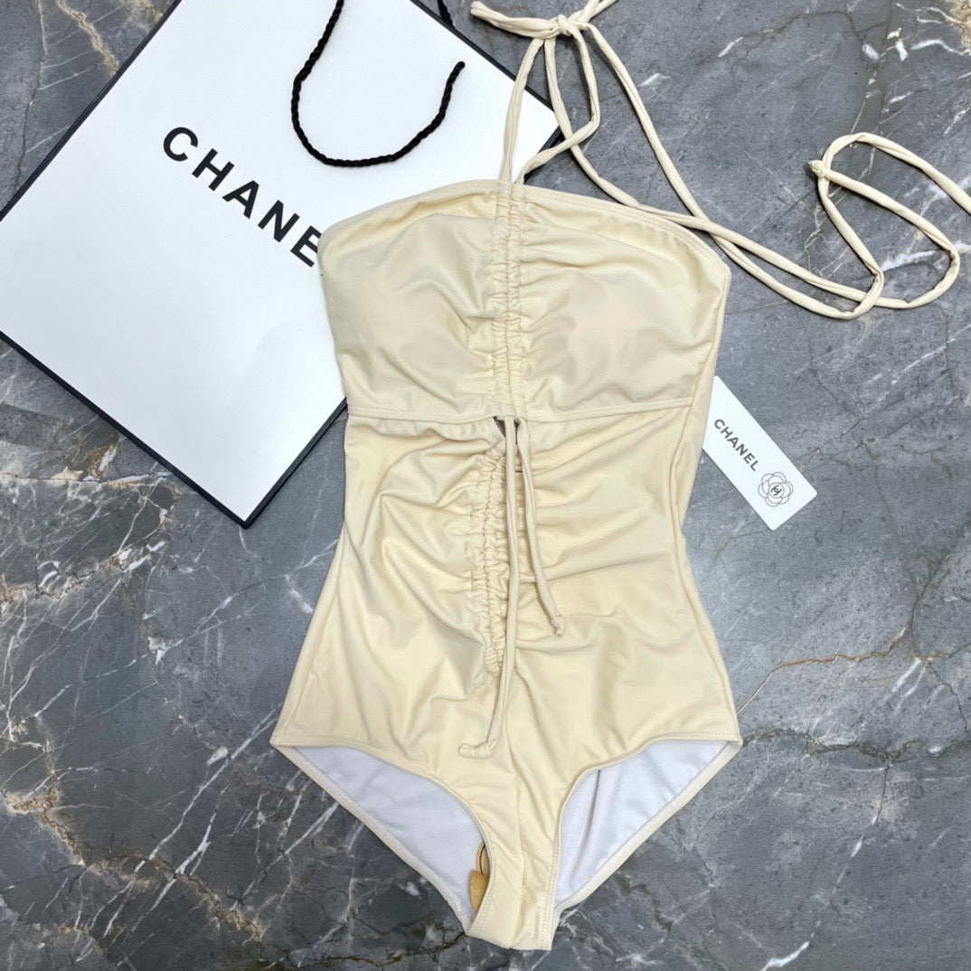 CC One-Piece Bikini in Off White with Drawstring Detail
