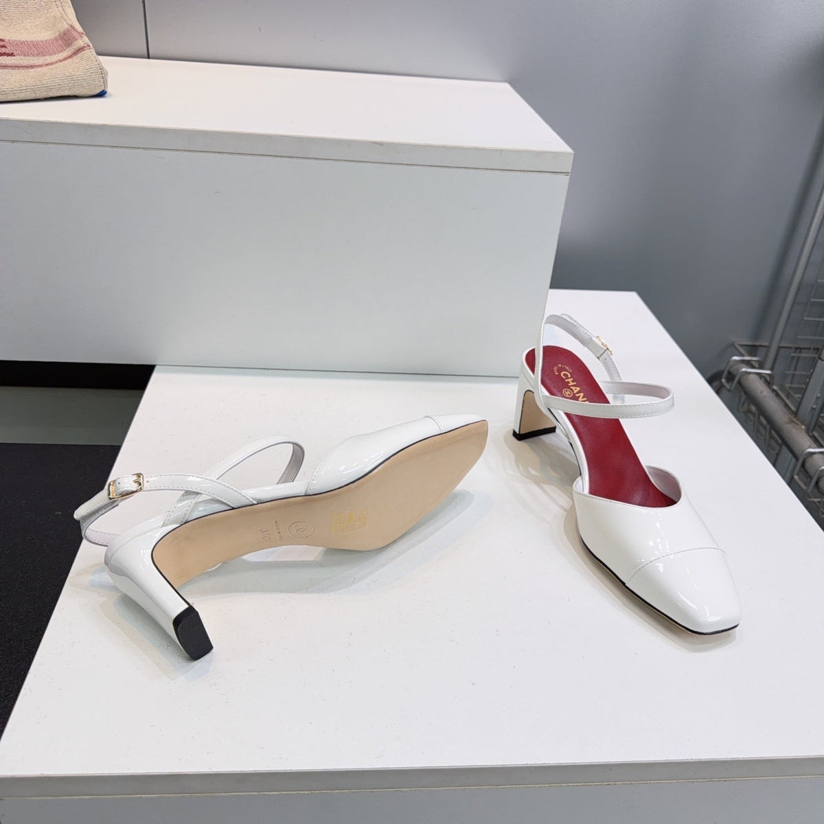 CC Block Heel Slingback Pumps 6.5cm White Patent Calfskin Leather 842772