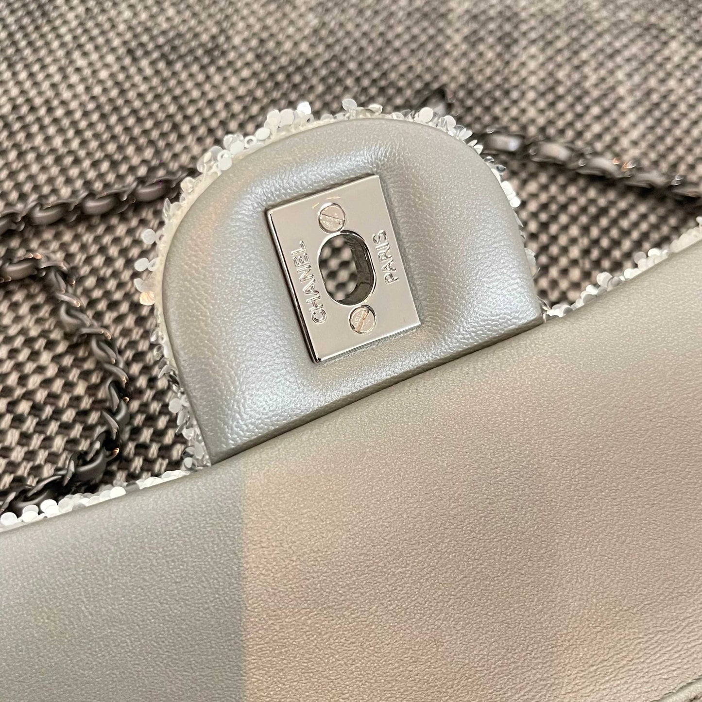 CC Flap Shoulder Bag 24cm Silver White Sequins