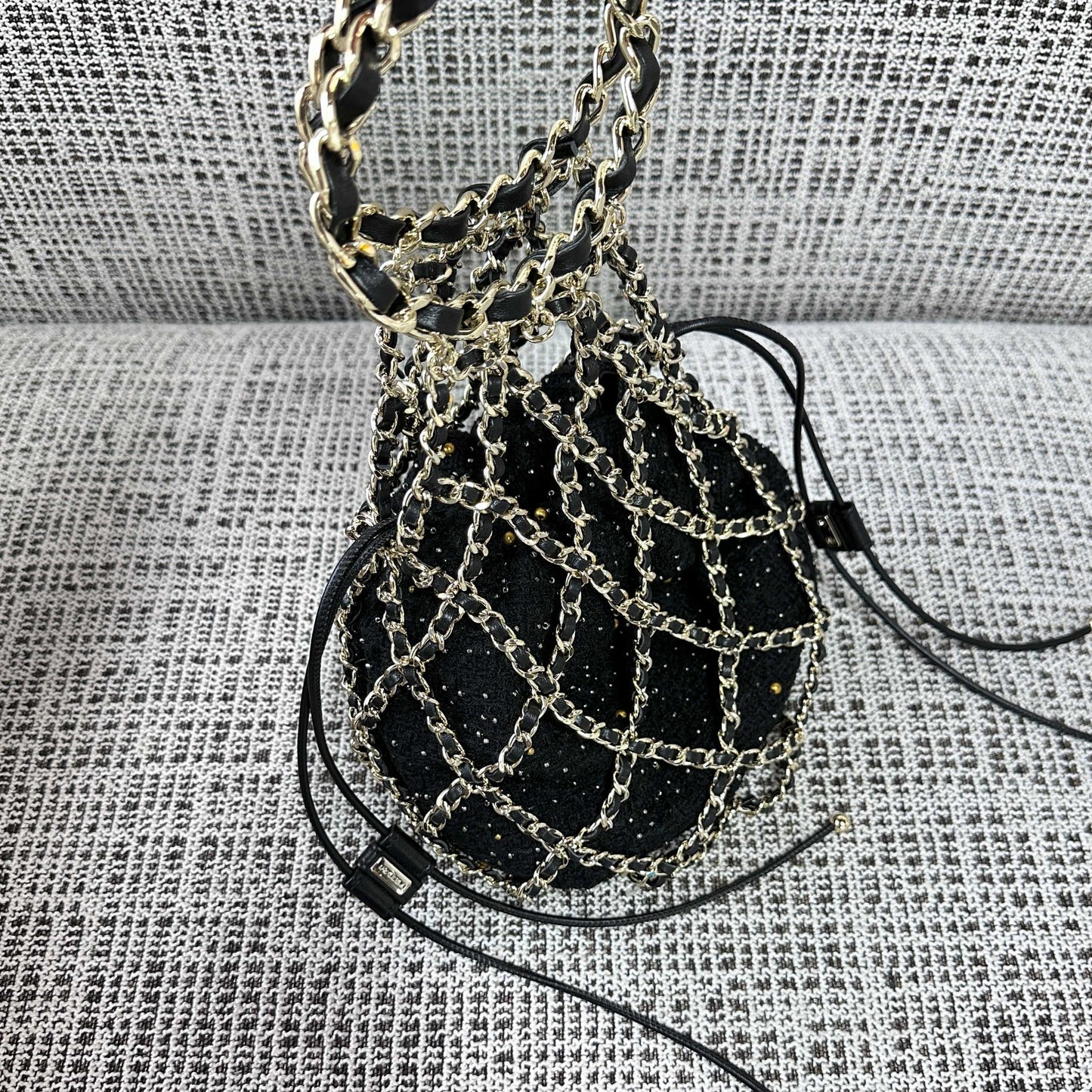 CC 21PF Chain Link Net Bag Drawstring Black Tweed Lambskin & Chain