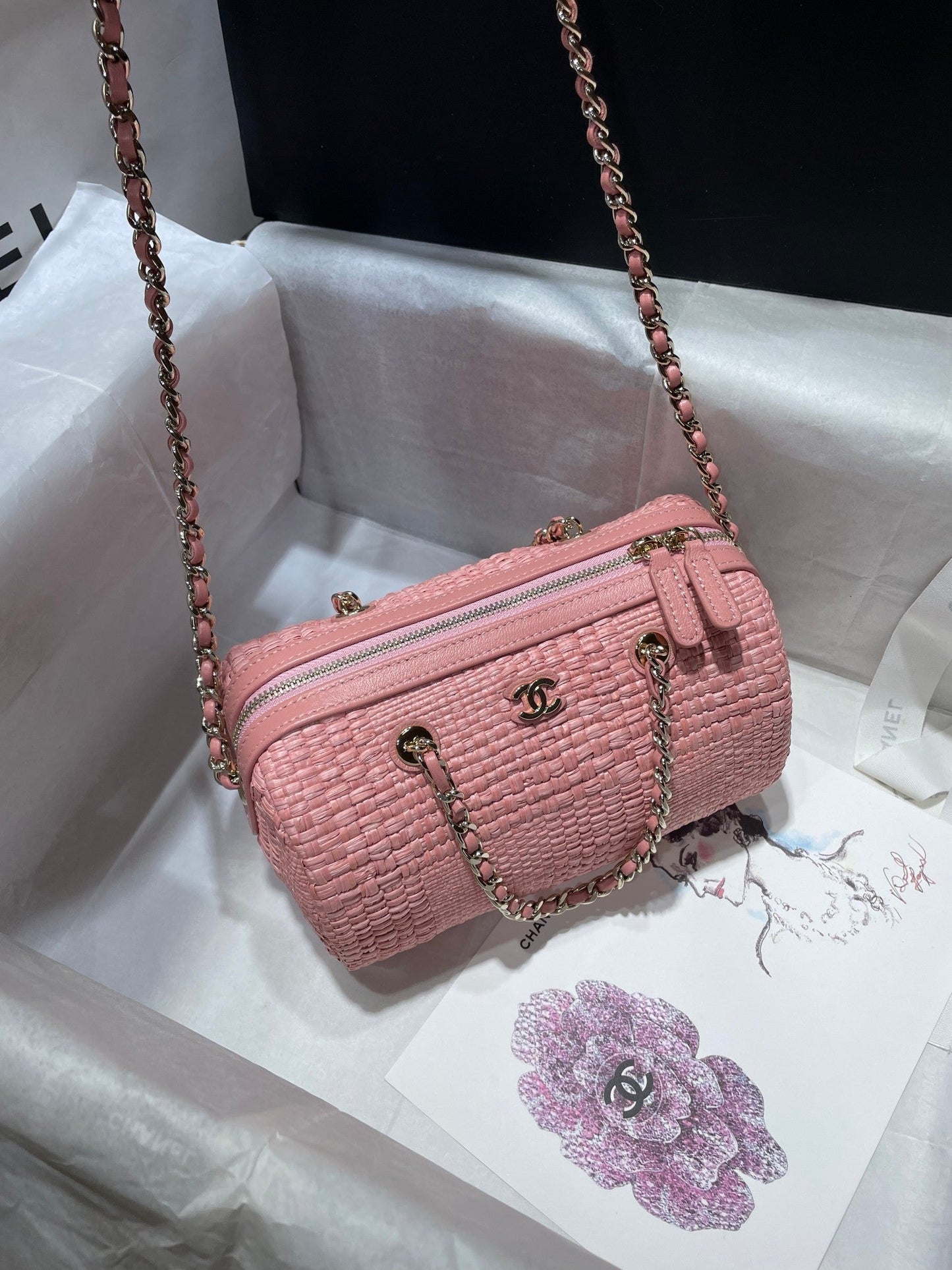 CC Bowling Bag Chain Strap 18.5cm Pink Braided Raffia & Lambskin 292139