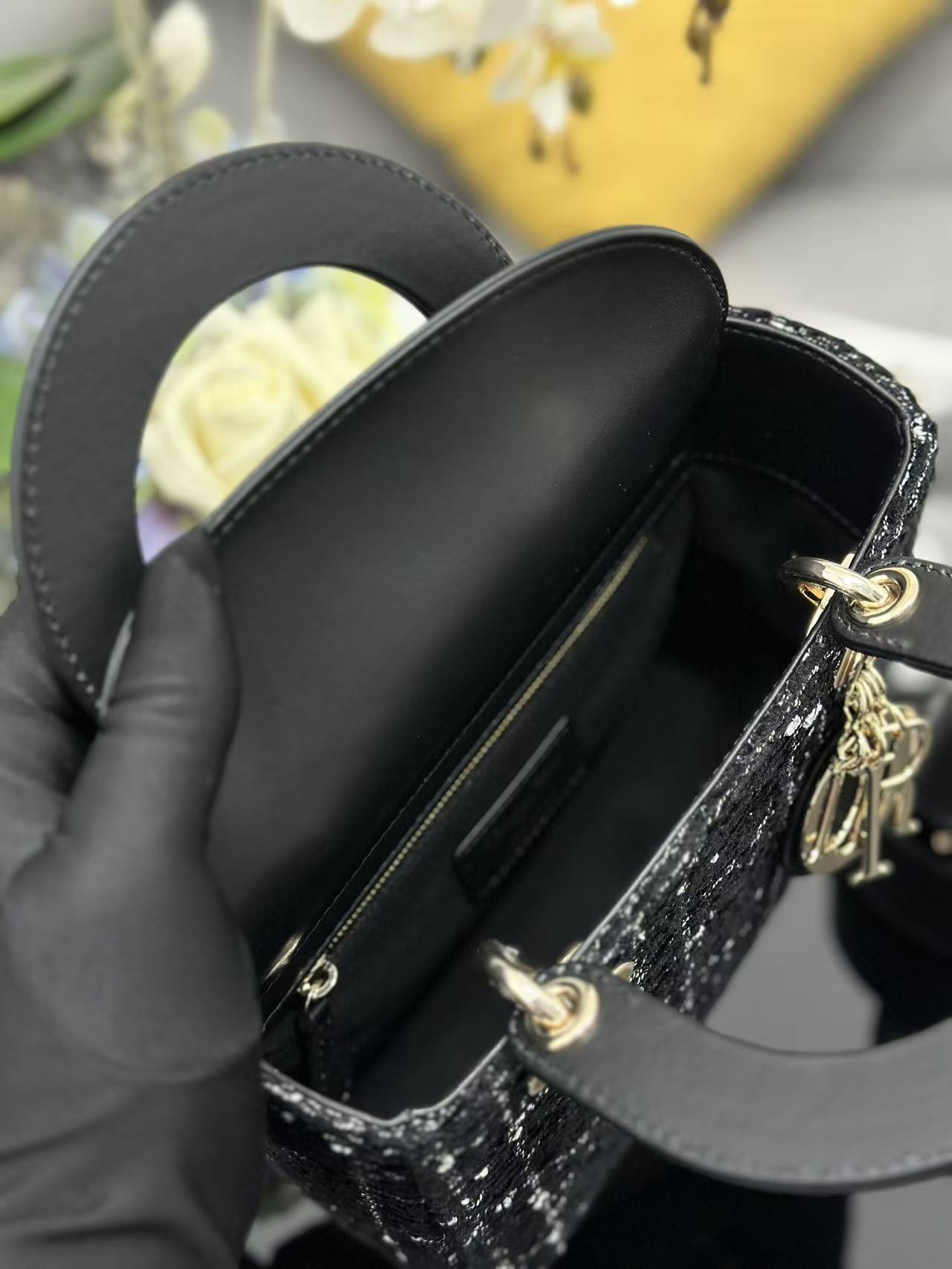 Dior 2026 Lady Dior Bag 20cm Black Gold Tweed Leather