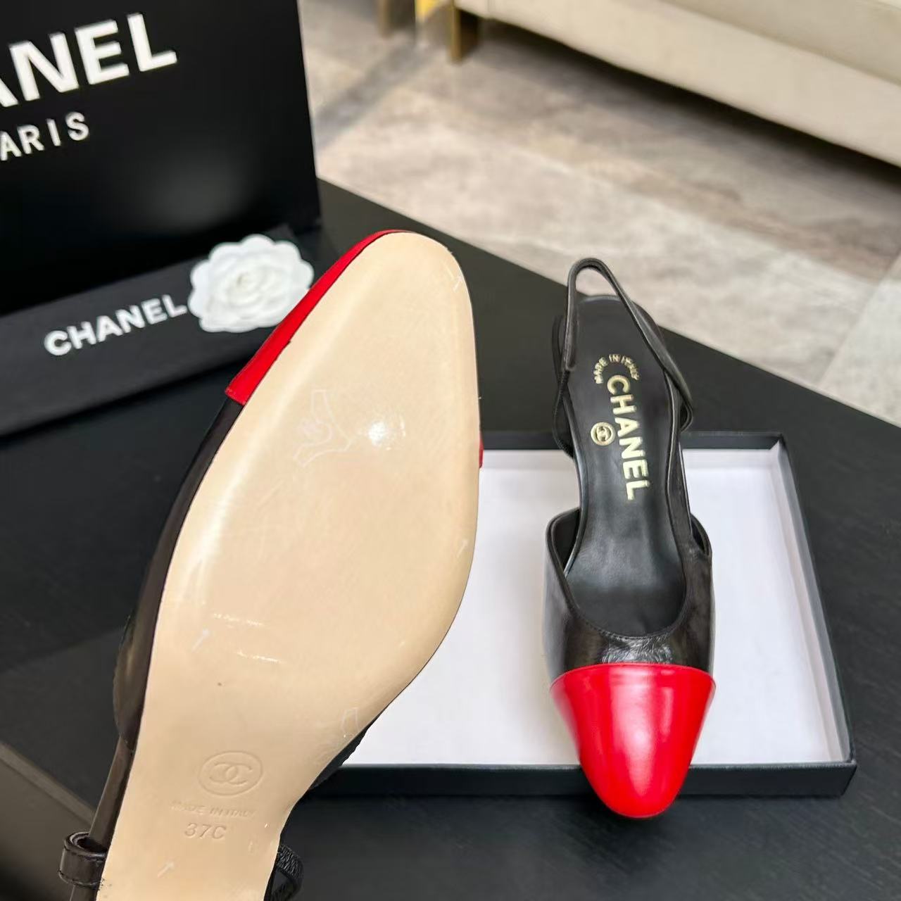 CC 26s Slingback 9cm Black Red Leather