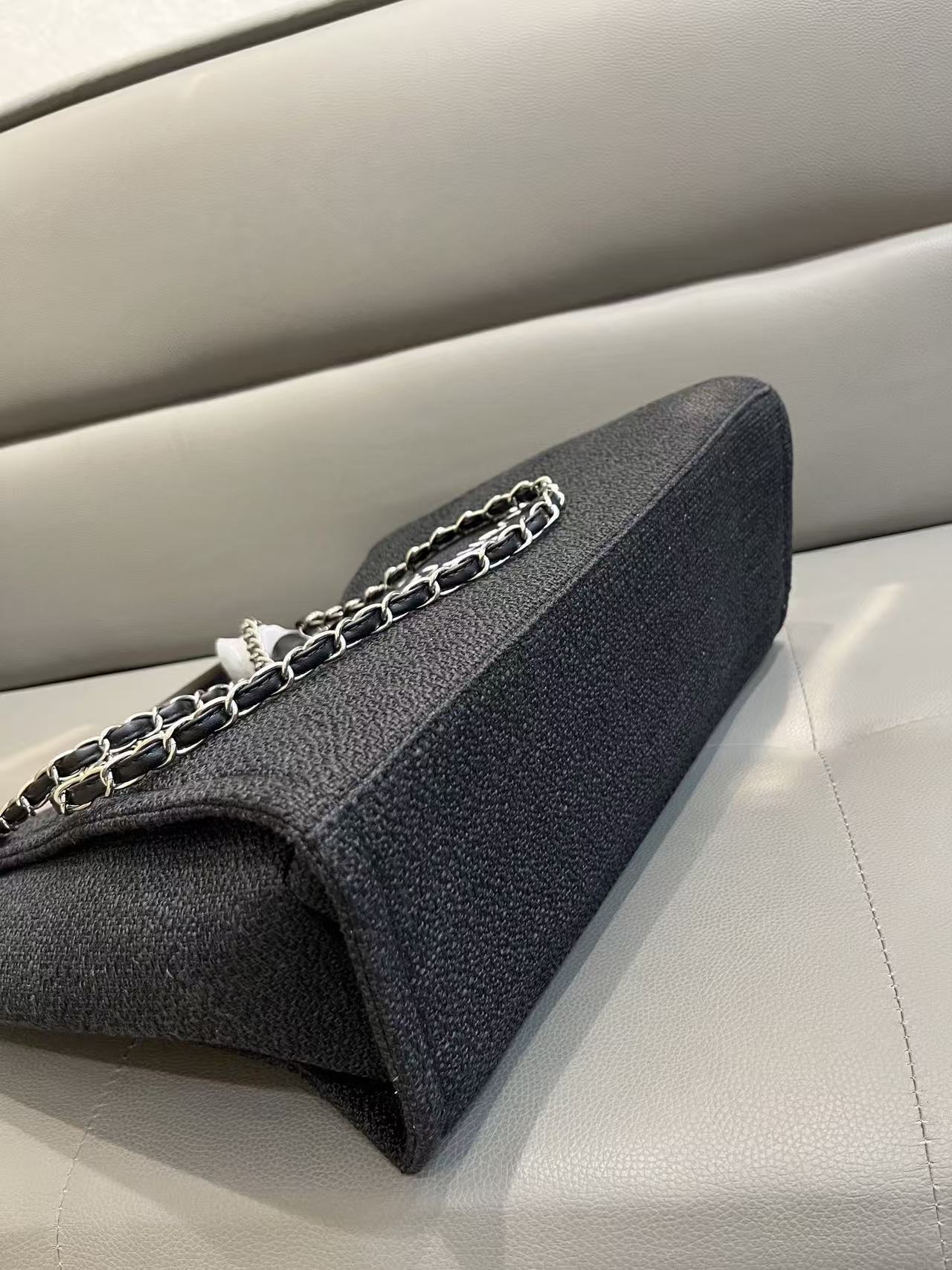 CC Deauville Tote Bag White Lettering Chain Strap 38cm Black Denim