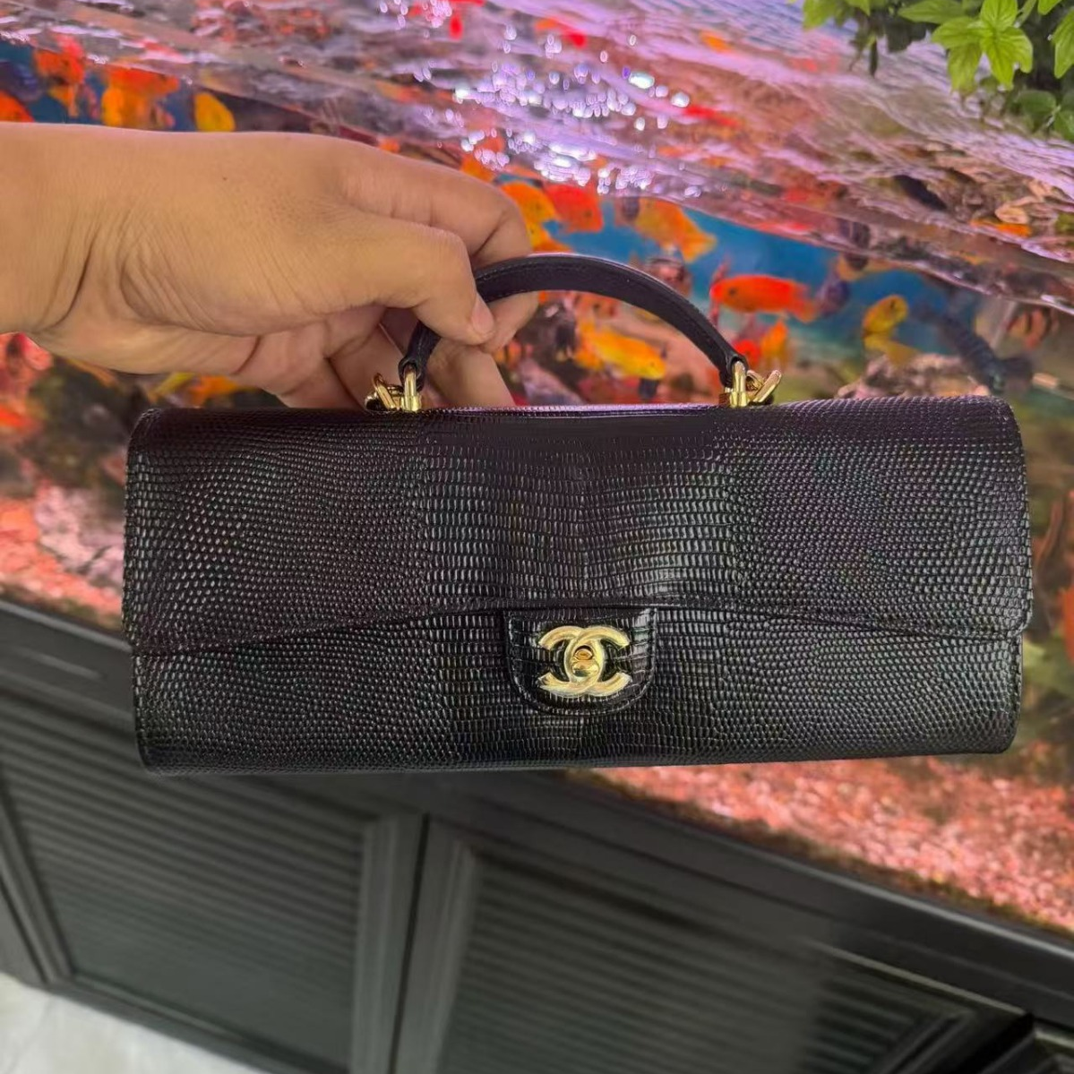 CC 2026 Clutch With Chain 25cm Black Lizard-embossed Calfskin