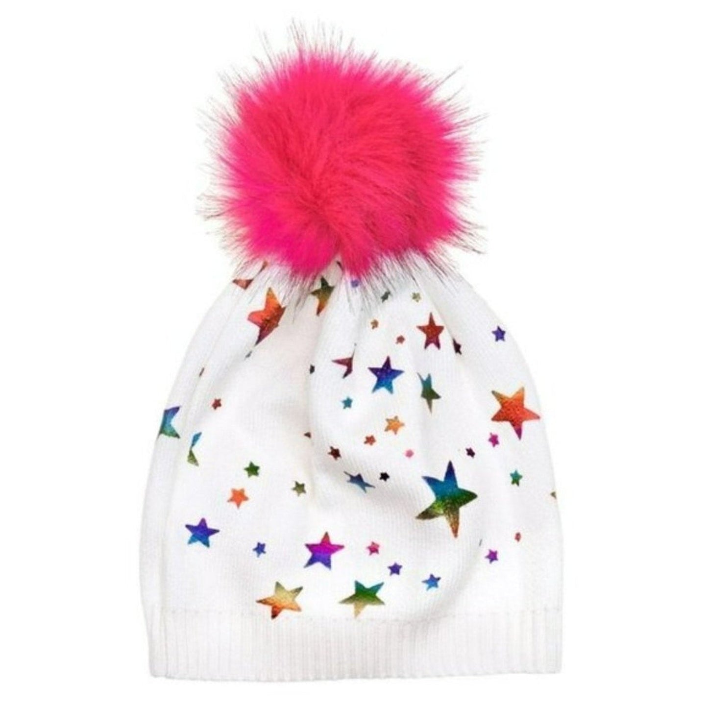 Maniere Girls Foil Star Fur Pom Pom Beanie Winter Hat