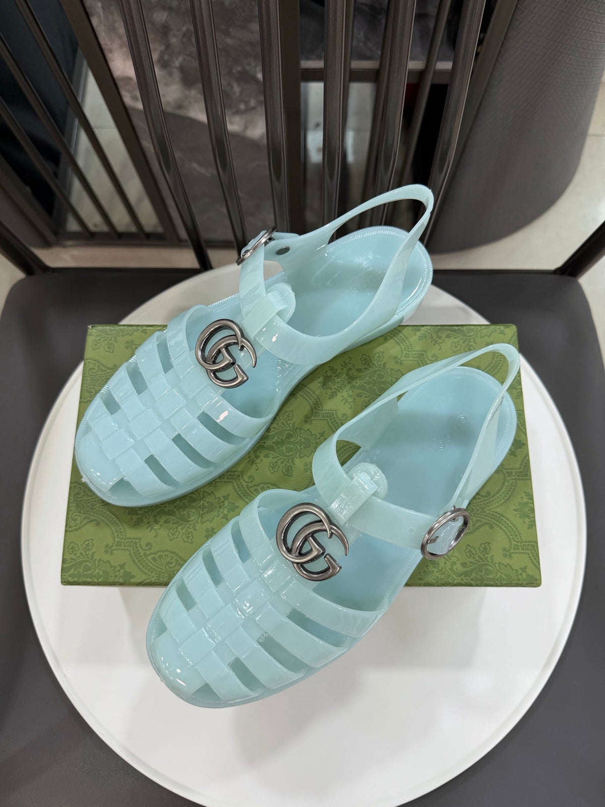 GG Sandals with Double G Light Blue Sliver TPU 818209
