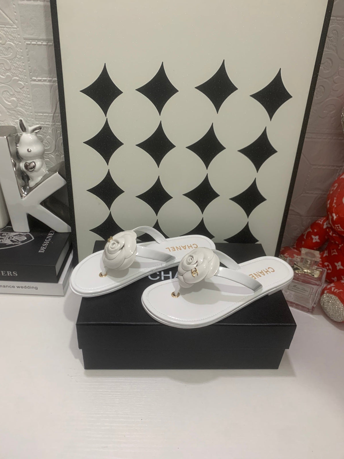 Chanel 2026 Camellia Flip-Flops Patent Calfskin 802344