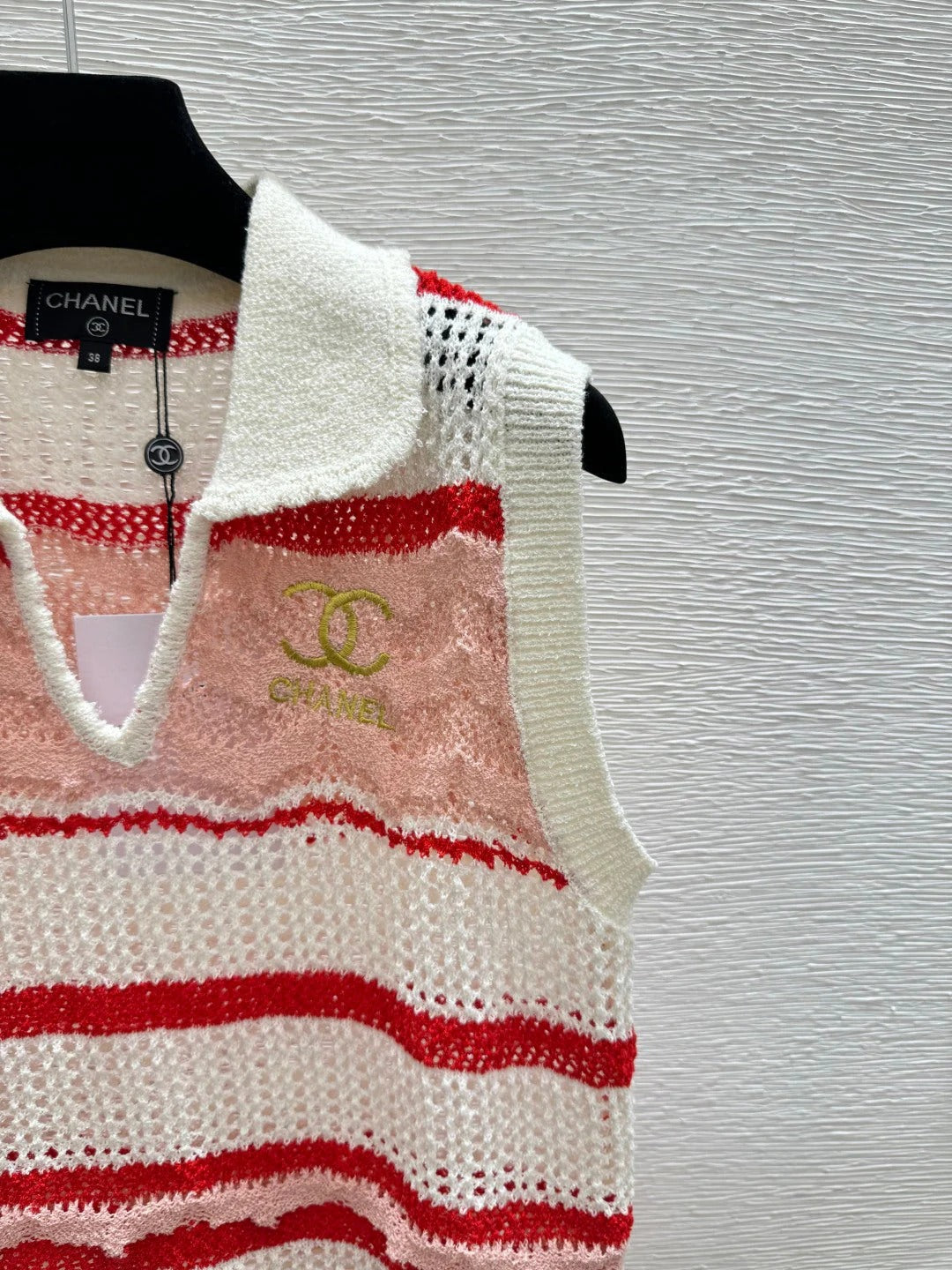 Chanel 2026 Striped Openwork Knit Vest Blue and Red Tencel 264033