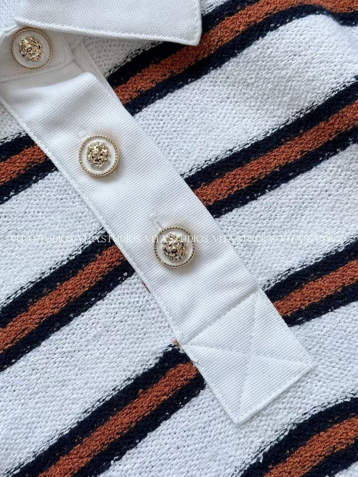 Chanel 26 Striped Polo Shirt White Brown in Cotton Boucle Yarn 285423