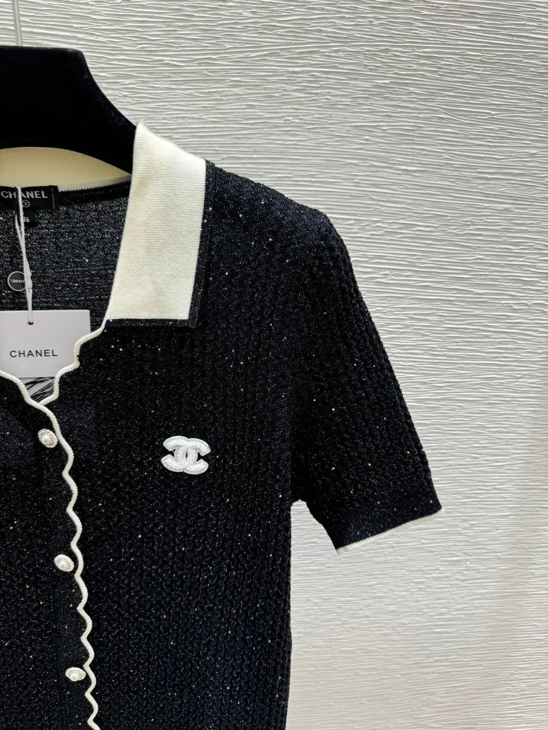 Chanel 2026 Lapel Sequin Knit Short-Sleeve Black Cotton Polyamide 397736