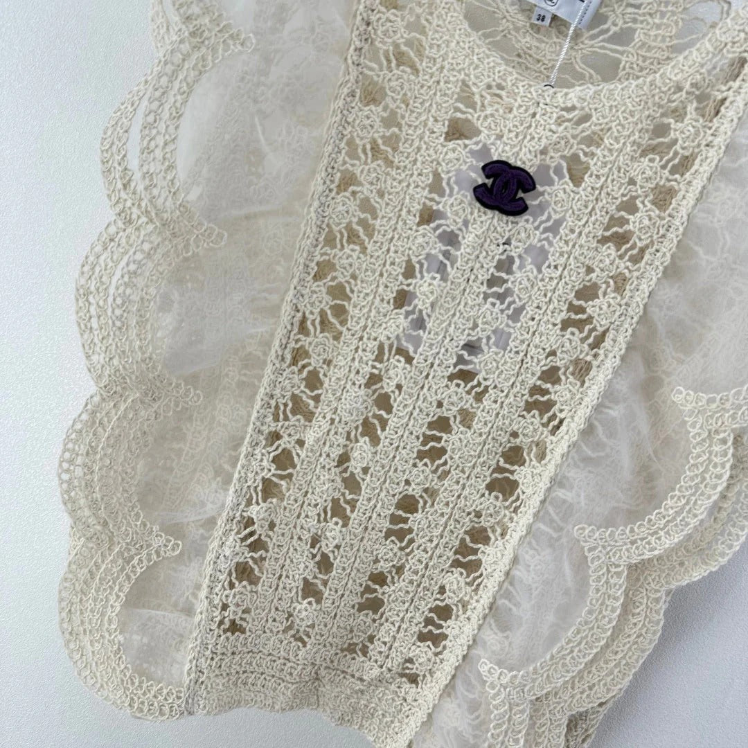 Chanel 2026 Crocheted Lace Vest Cream Tencel Wool 362357