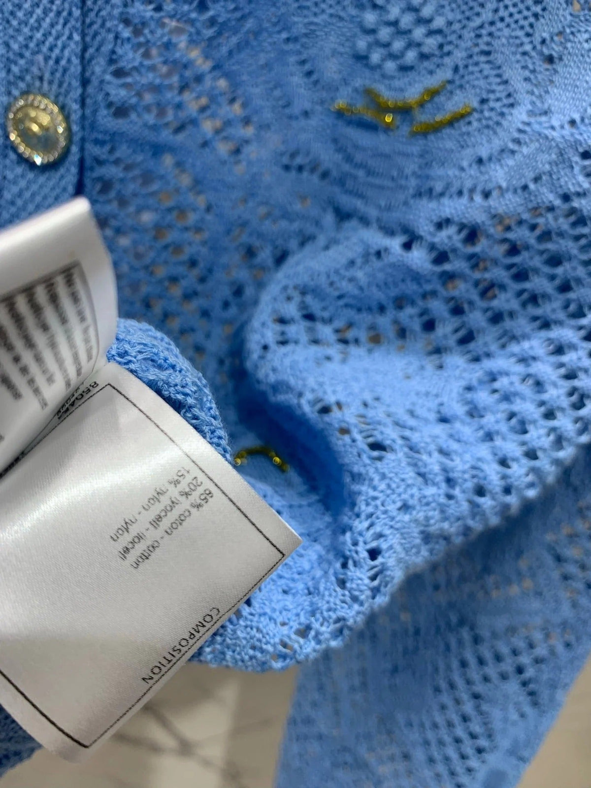Chanel Embroidered Hollow-Out Cardigan Blue in Cotton 298307