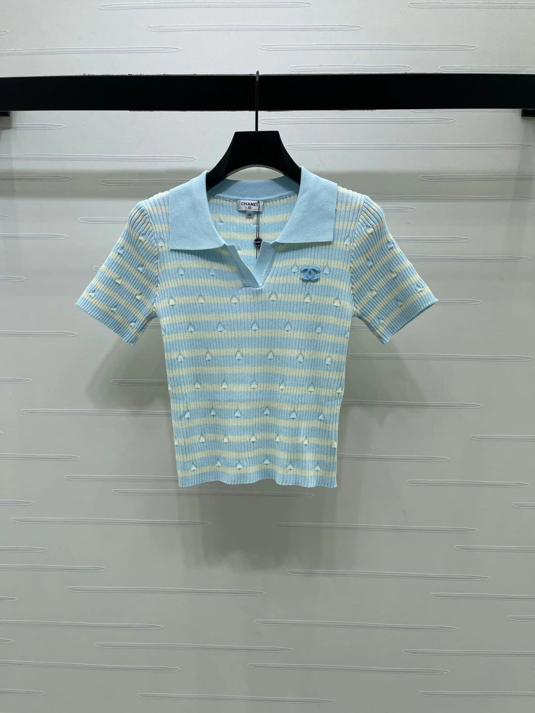 Chanel 2026 Striped Collared Knit Short-Sleeve T-Shirt Cotton 677728