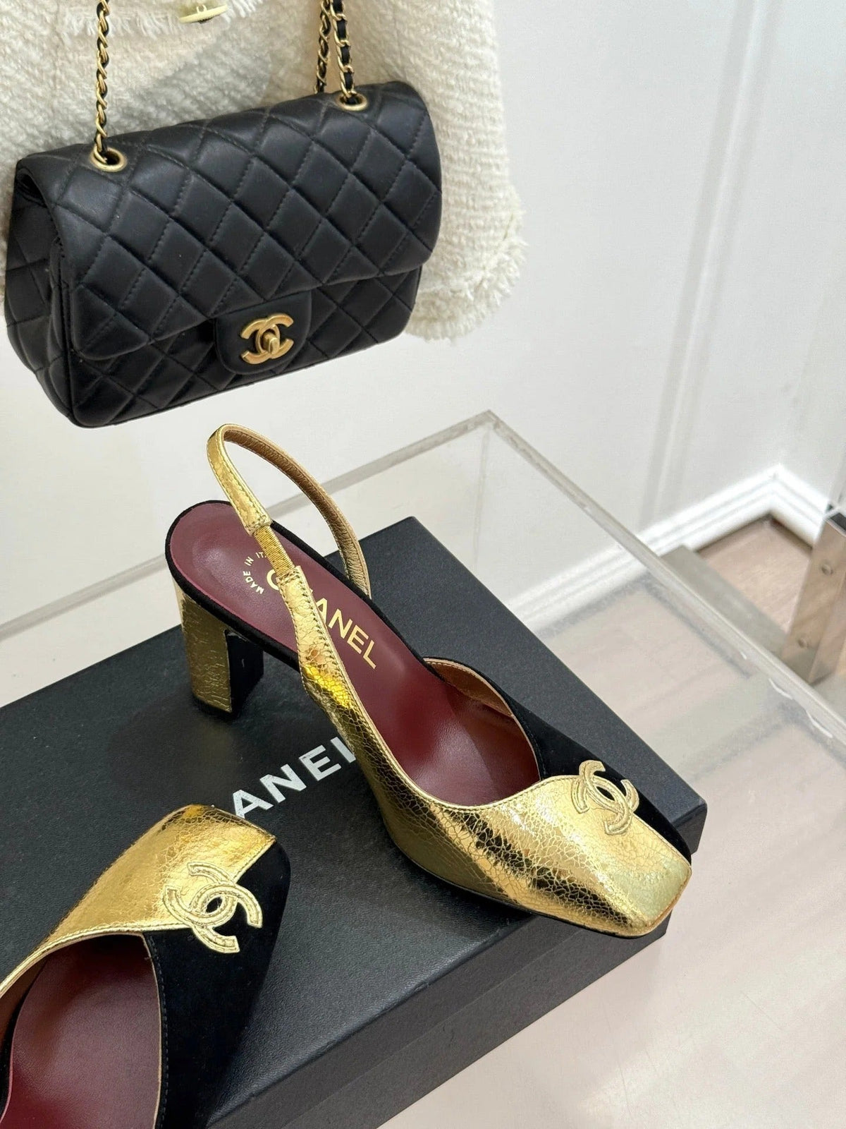 Chanel 26S Slingback 85mm Gold Black in Customized leather 706357