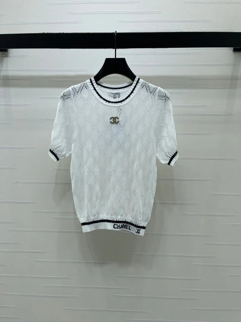 Chanel 2026 Diamond Pattern Knit Short-Sleeve T-Shirt Tencel 397443