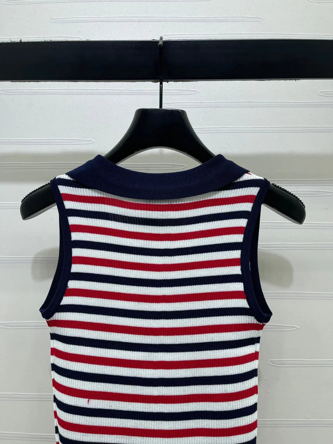 Chanel 2026 Striped Knitted Collared Vest Red White Blue Viscose 397310