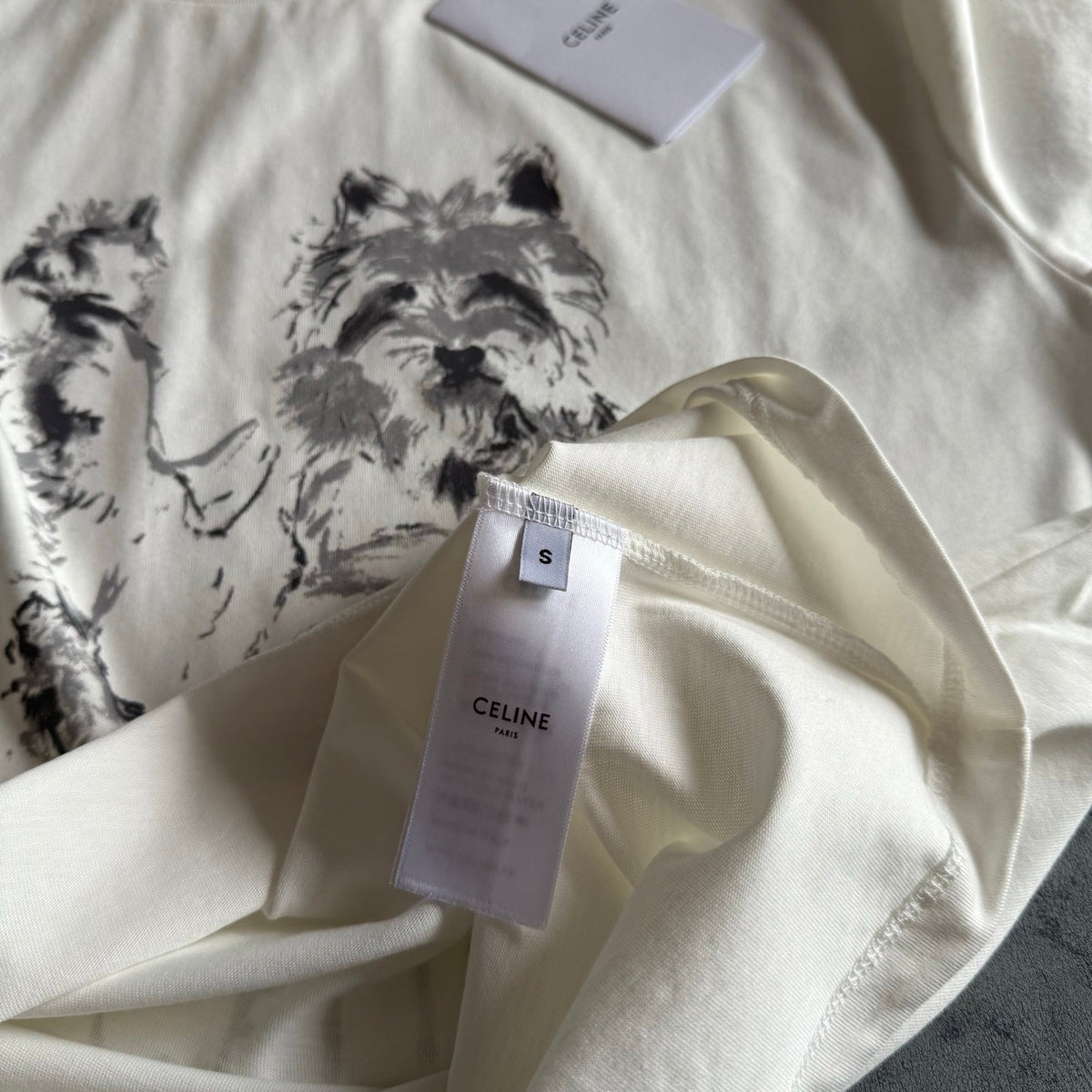 Celine SS26 Unisex Puppy Print Short-Sleeve Tee White Cotton 350474