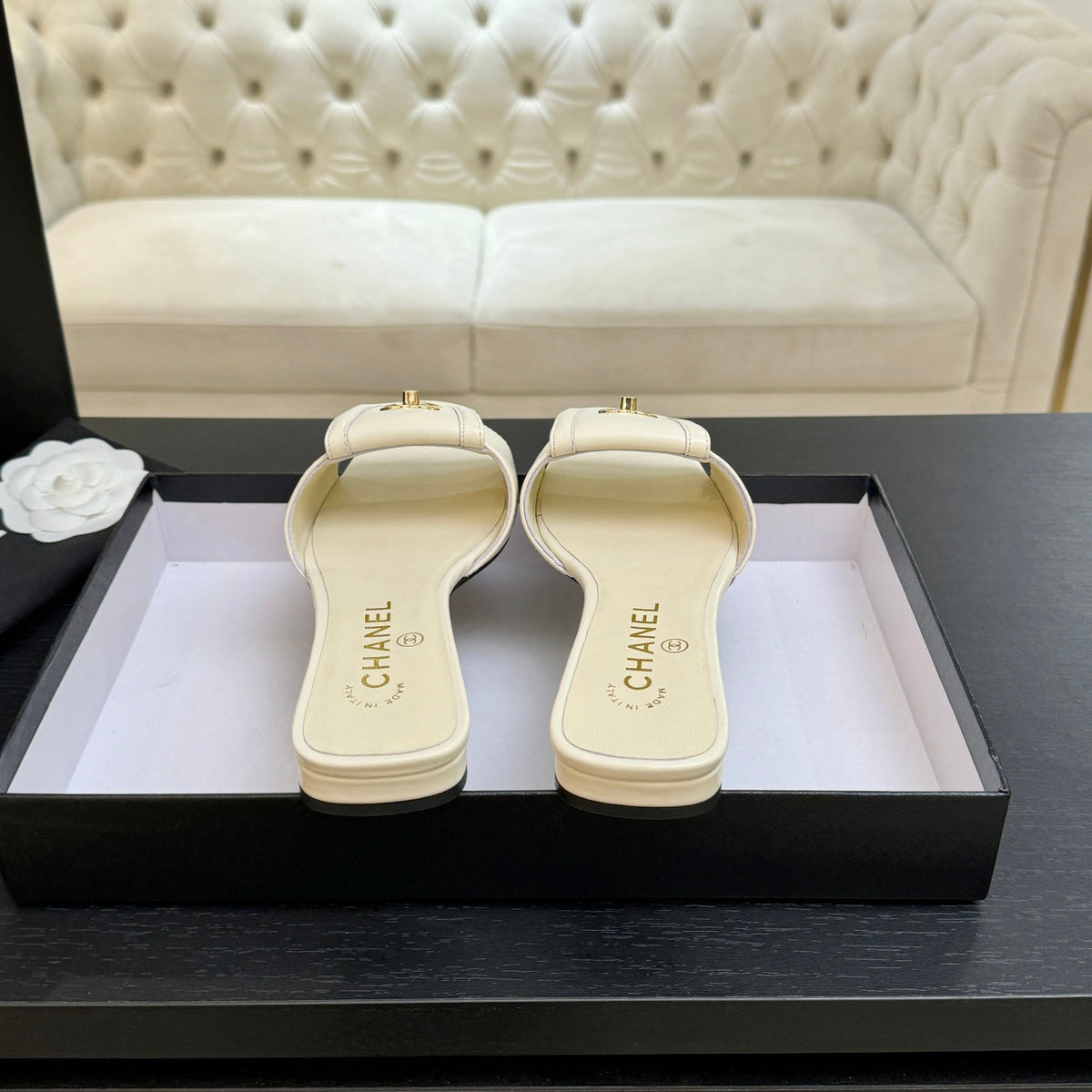 Chanel 2026 Double C Buckle Square Toe Slipper White Lambskin 673031