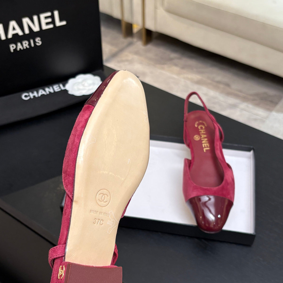 CC 26s Classic Slingback Flat Red Suede Patent Leather 907643