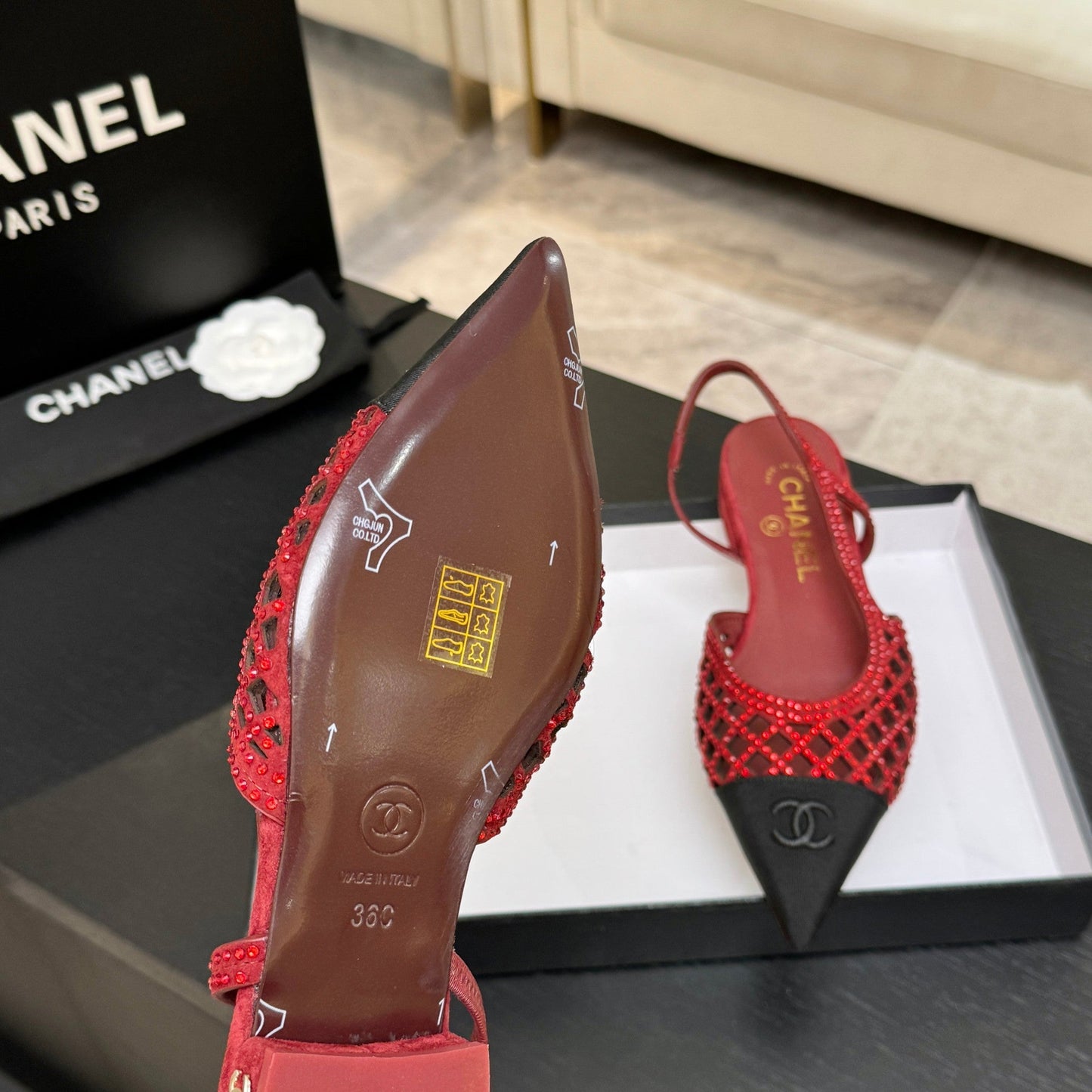 CC 26s Rhinestone Slingback Flat Shoe Red Black Suede Canvas 907697