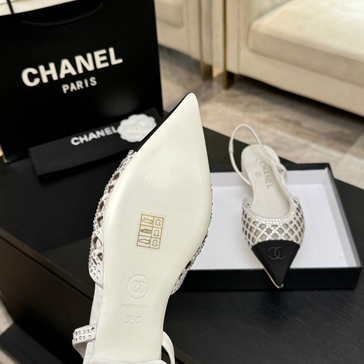 CC 26s Rhinestone Slingback Flat Shoe White Black Suede Canvas 907698