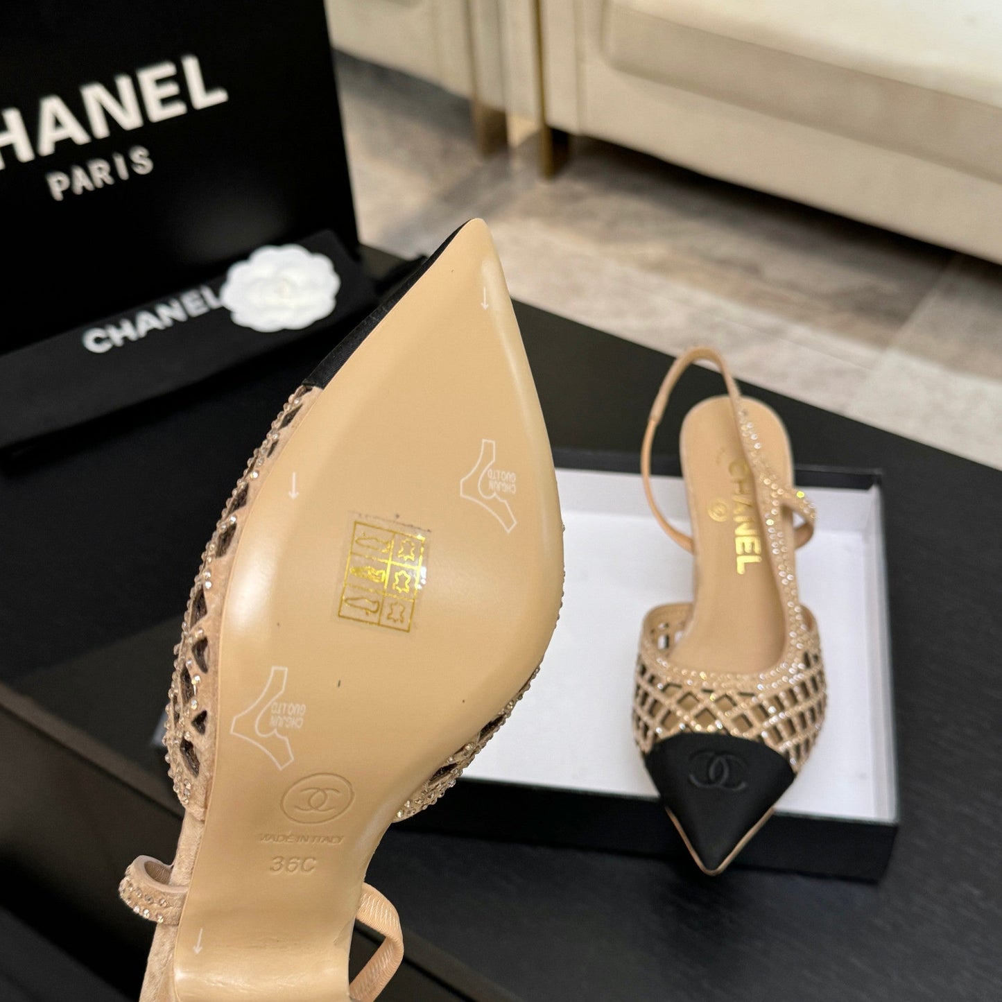 CC 26s Rhinestone Pointed-Toe Shoe Beige Black Suede Canvas 907704