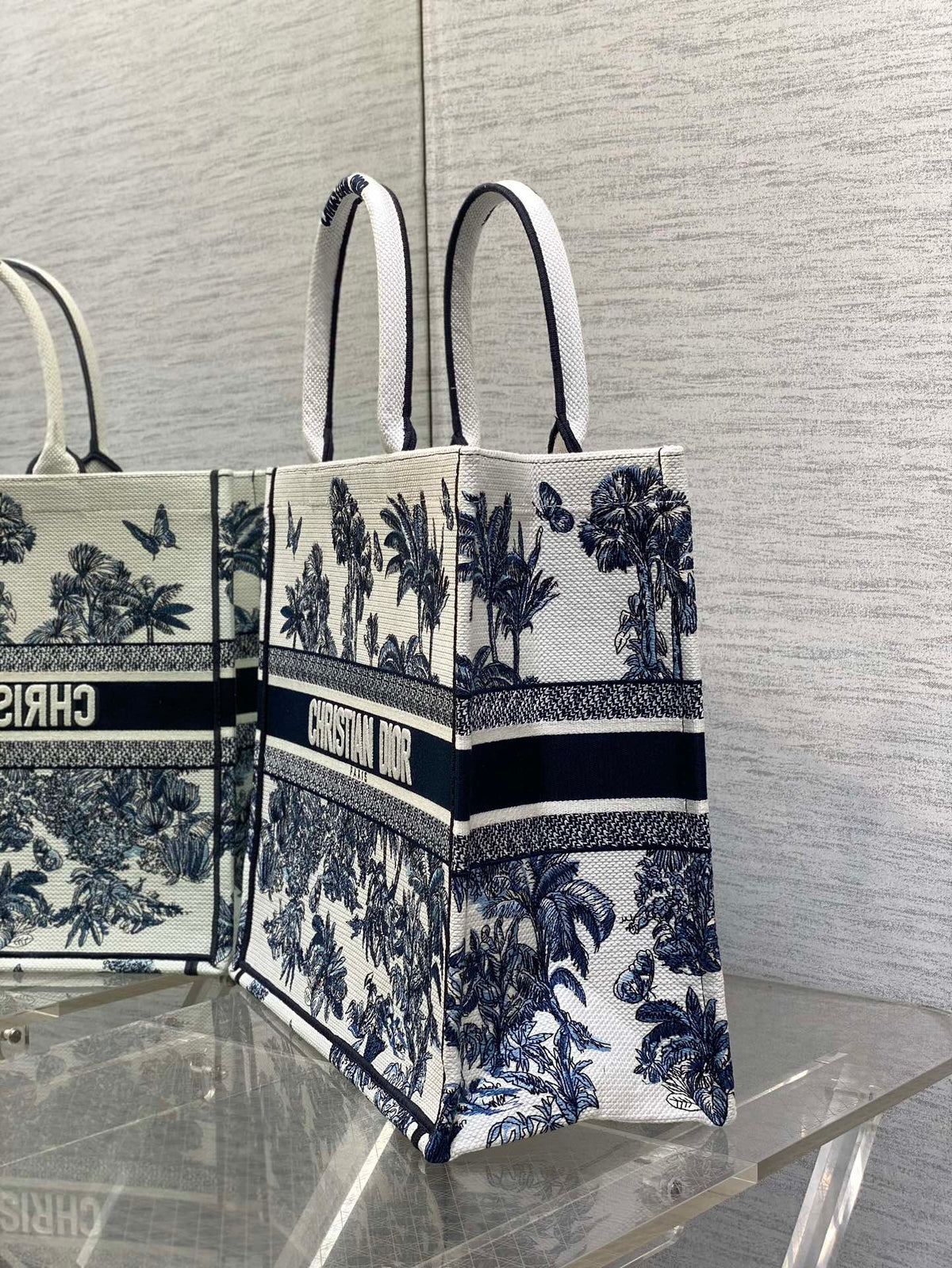 CD Larger Dior Book Tote Tropical Pattern Slate Blue White Black Cotton