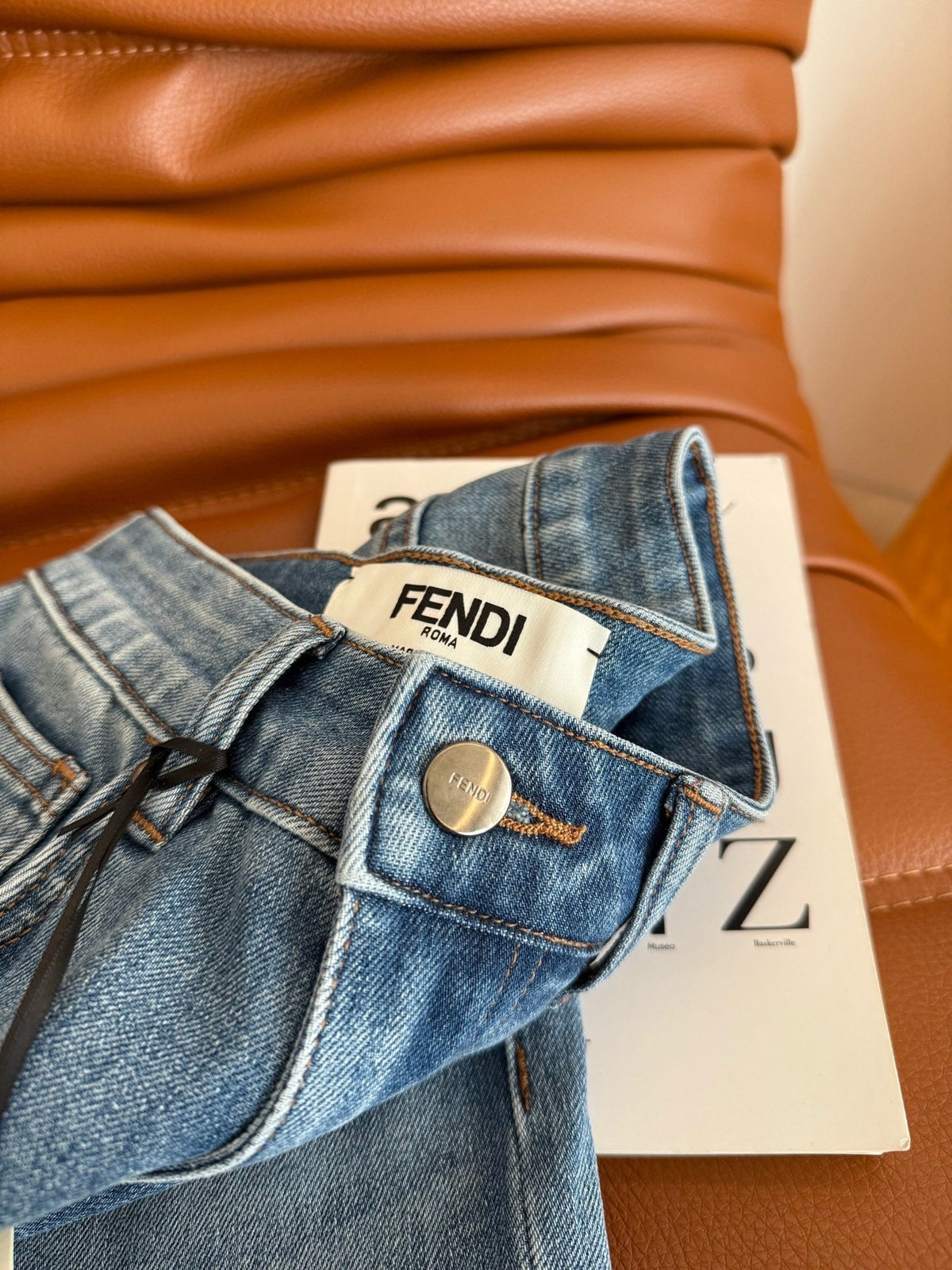 Fendi 25 Colorful Yarn Embroidered Letter Jeans Blue Cotton