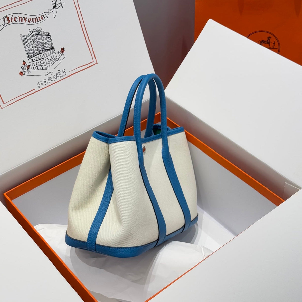 HM Garden Party 30cm Bag Blue Togo Cream Canvas