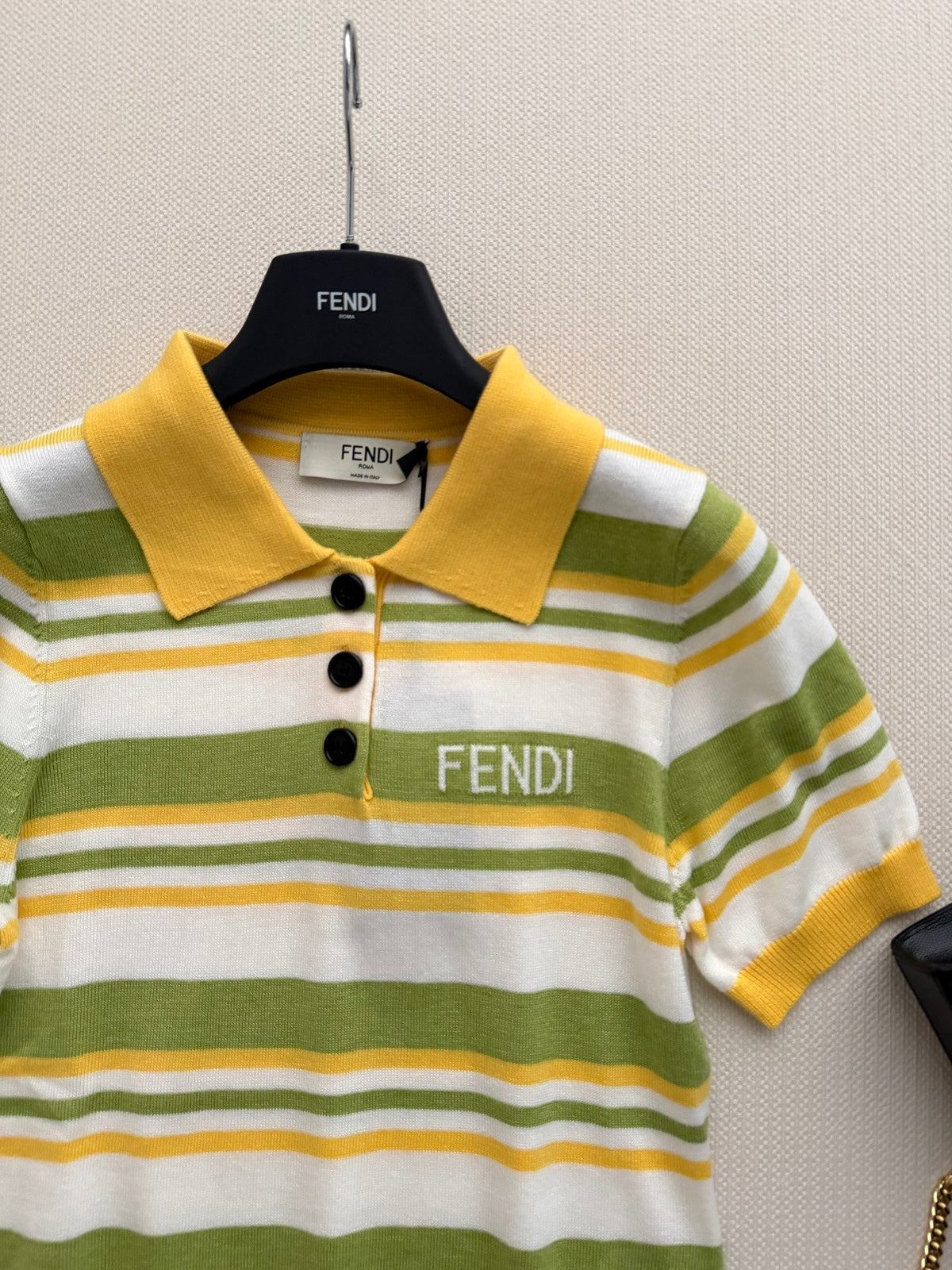 Fendi 26s Striped Polo Shirt Yellow Olive Knit 363766