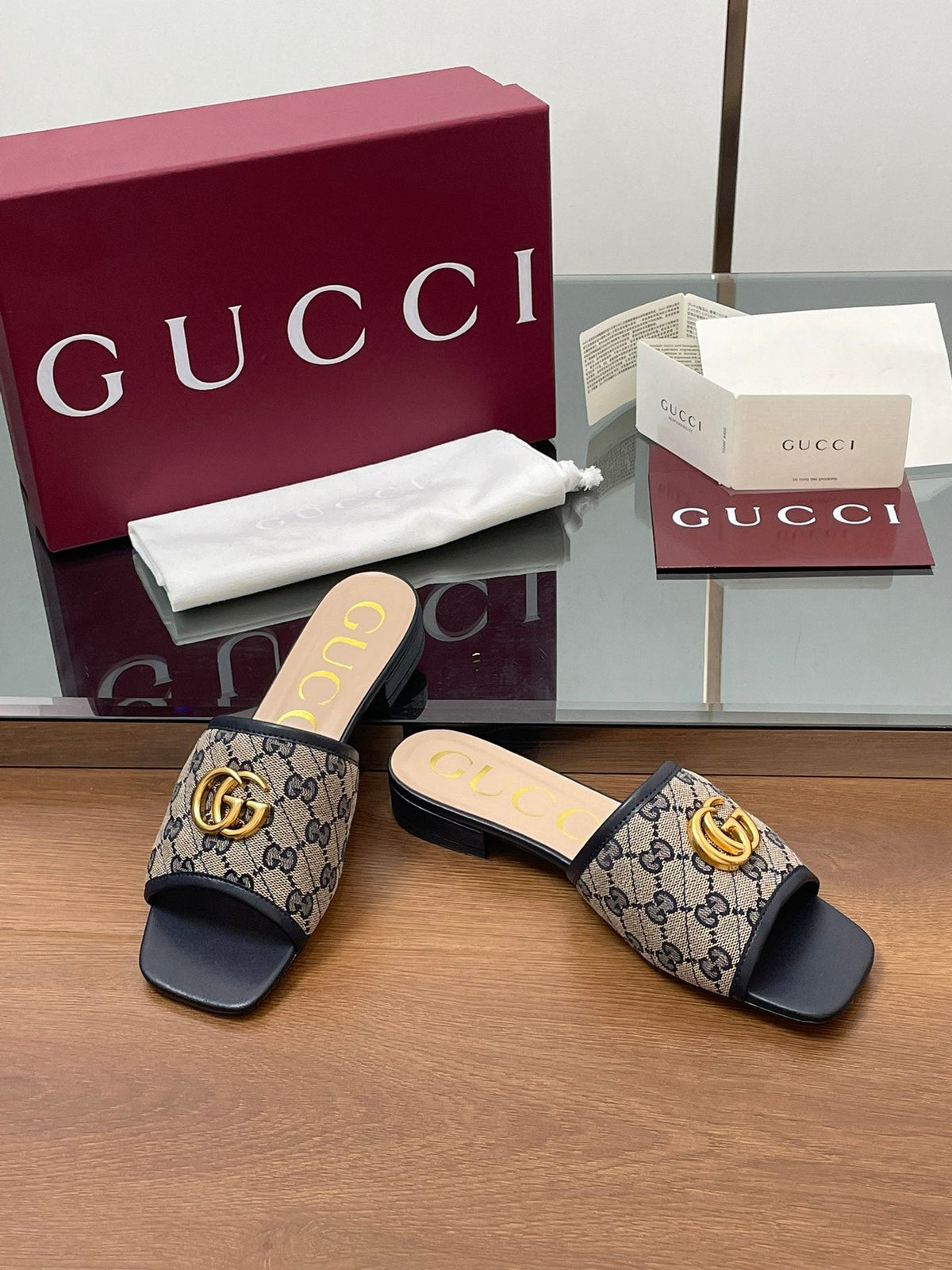 GG Matelasse Slide Sandals Navy Blue Beige Canvas Sheepskin 646486