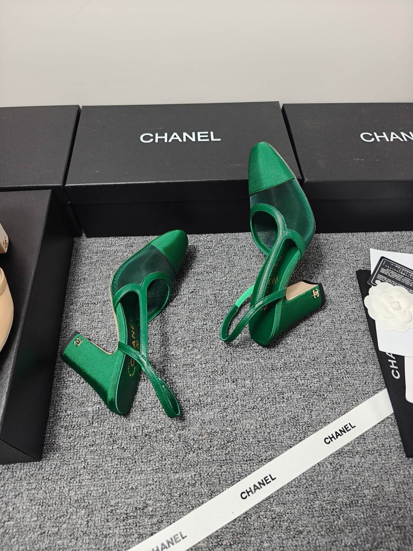 CC 26s Slingback 9.5cm Green Mesh Fabric Sheepskin 681987