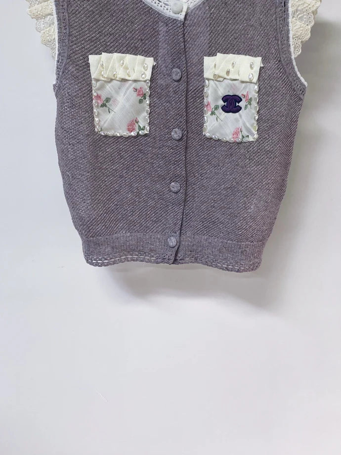 Chanel 2026 Lace Trim Knit Vest Purple Floral Details Wool Laine 463560
