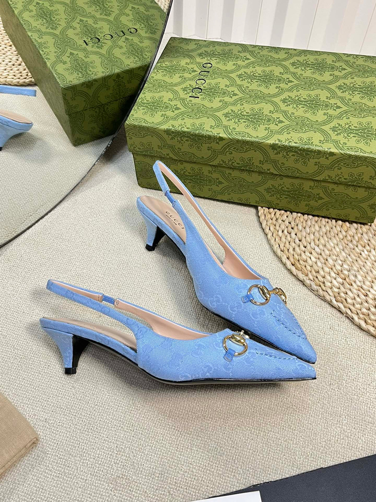 GC Horsebit Slingback Pump 50mm Blue Canvas Sheepskin 294546