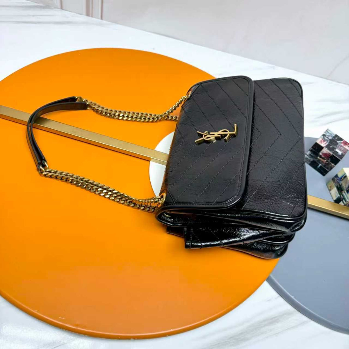 YSL Niki Tripouch Shoulder Bag 28cm Black in Oil-Waxed 285681