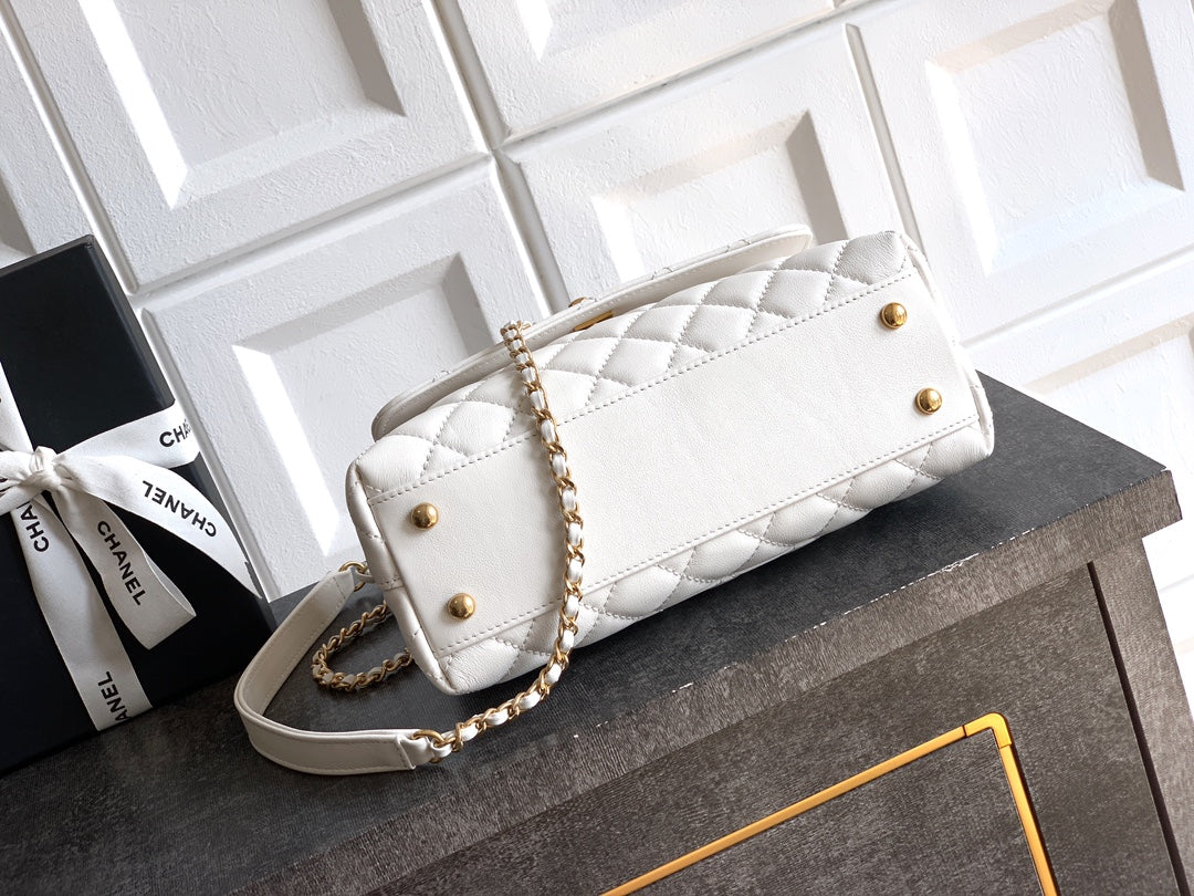 CC Coco Top Handle Bag 23cm White Quited Leather