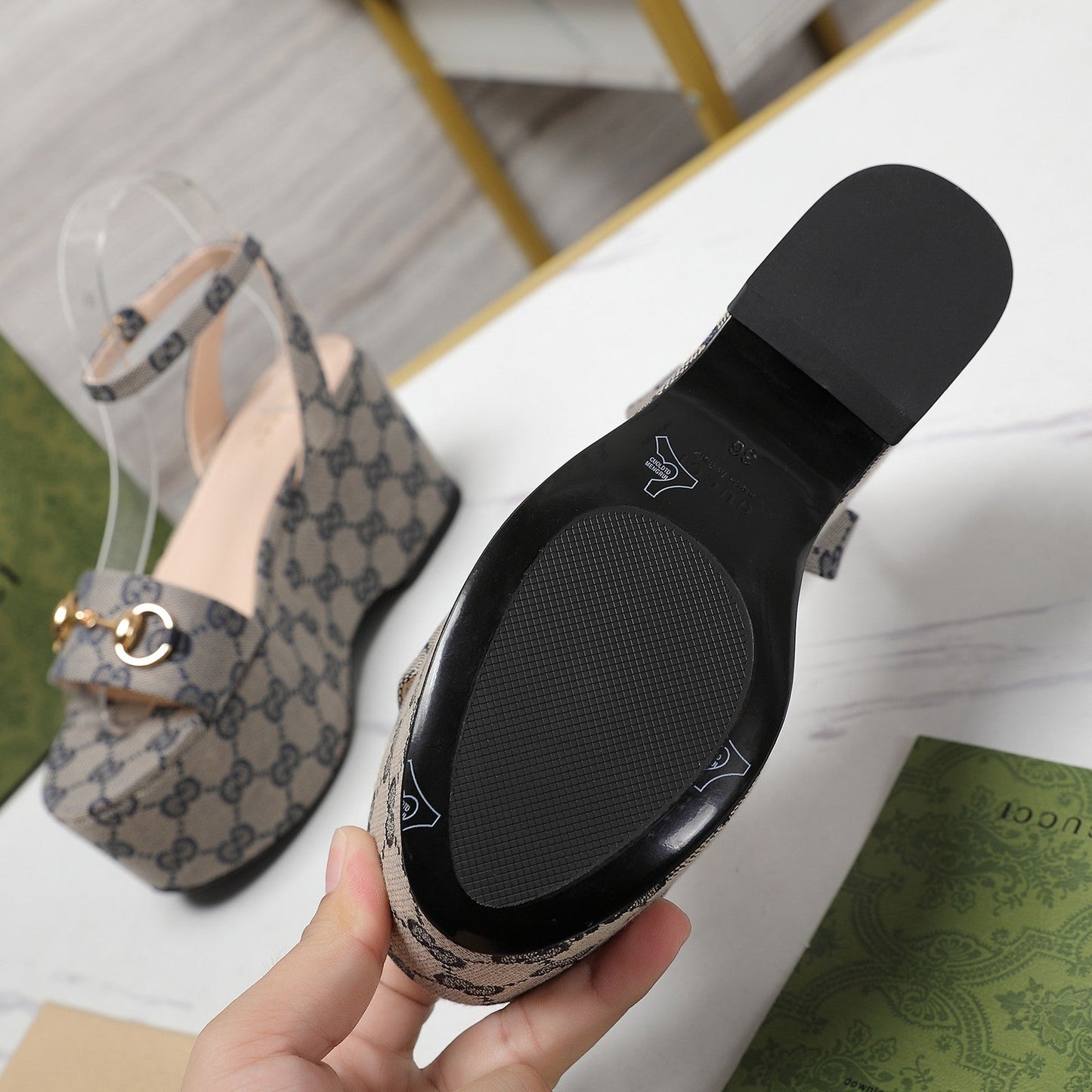 GG Horsebit Wedges Sandals Grey