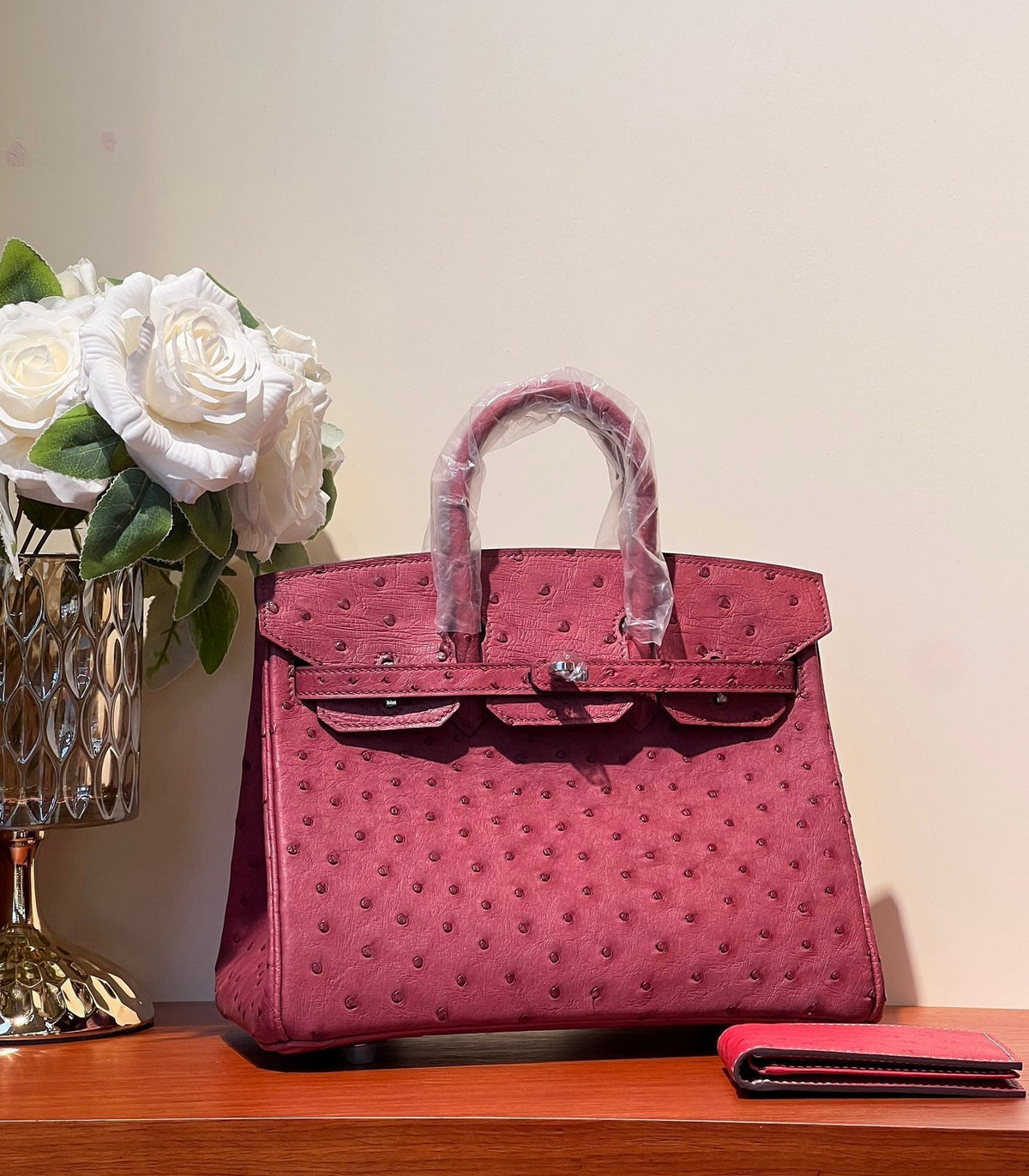 KELLY SELLIER 25 BAG IN CURRANT RED OSTRICH LEATHER WITH SILVER HARDWARE (MADE - TO - ODER)