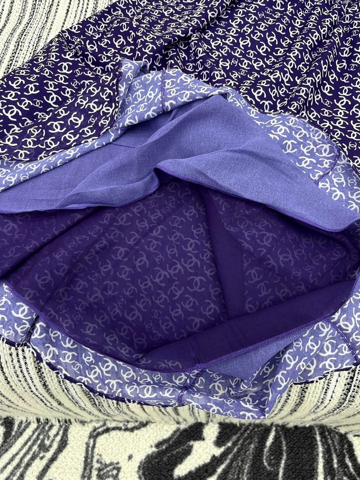 CHANEL DARK PURPLE SILK CAMELLIA DRESS WITH PEARL DETAILS