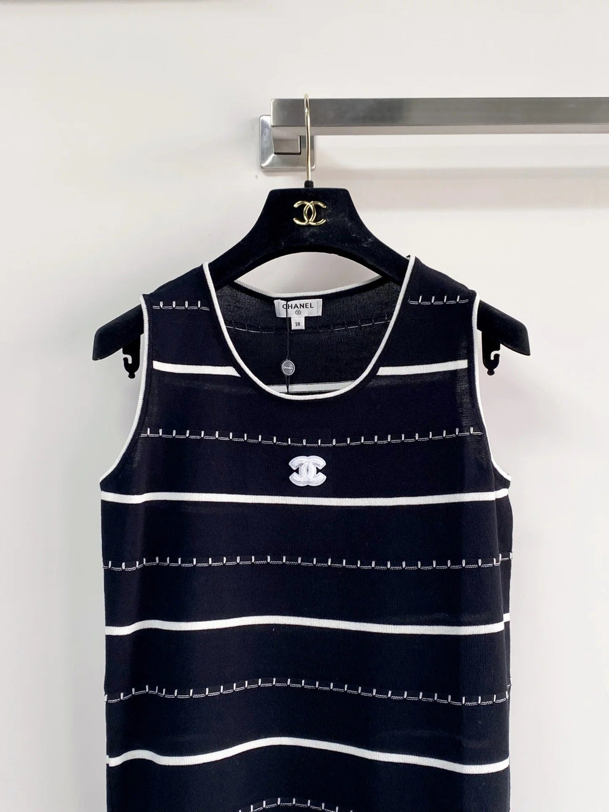 Chanel 2026 Black And White Striped Knit Tank Top Wool Cashmere