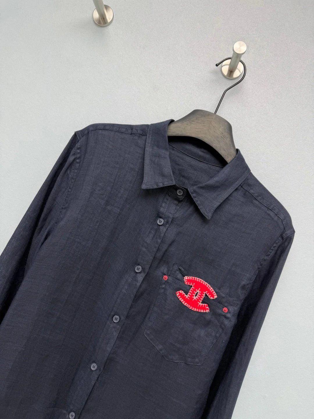 Chanel 2026 Double C Embroidery Shirt White and Navy Blue Cotton 392370