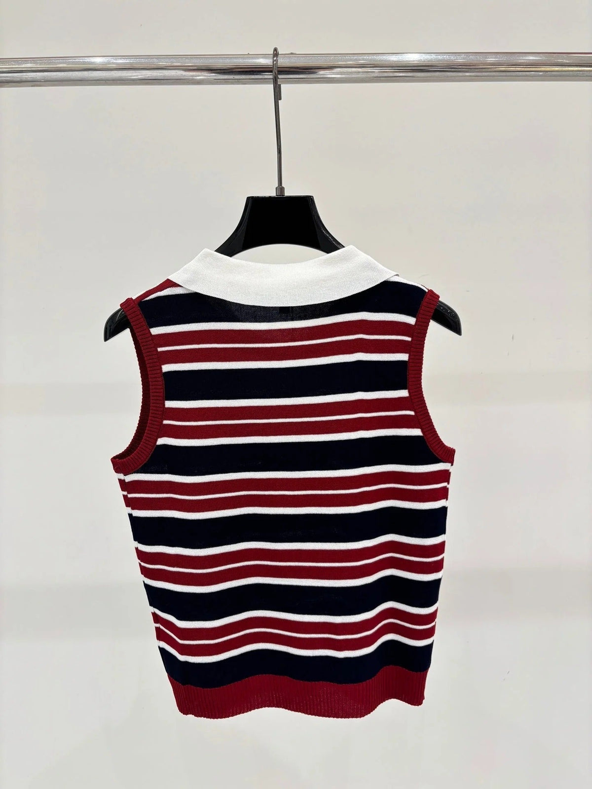 Chanel 2026 Striped Vest With Double C Logo Red White Blue Wool 394731