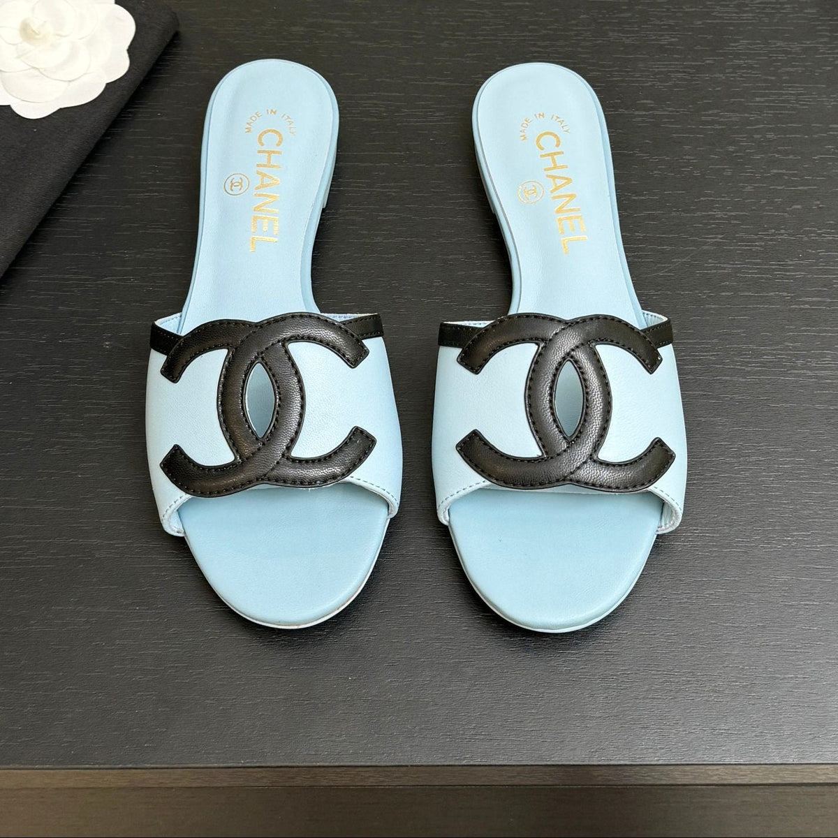 Chanel 2026 Flat Sandal Light Blue Black Cowhide
