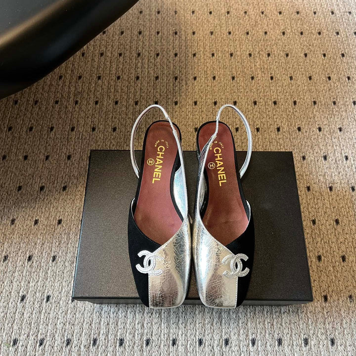 Chanel 26SS Color-Blocked Slingback Silver Black in Lambskin 708085
