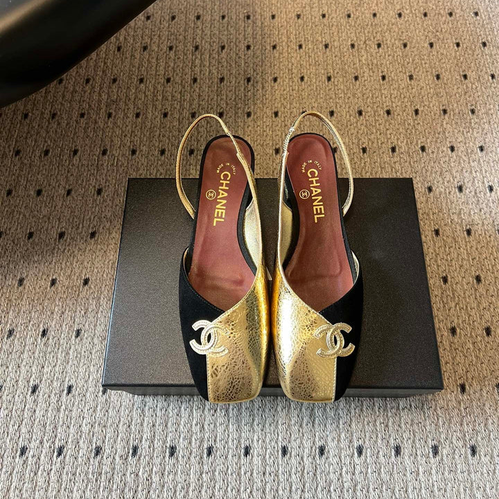 Chanel 26SS Color-Blocked Slingback Gold Black in Lambskin 708083