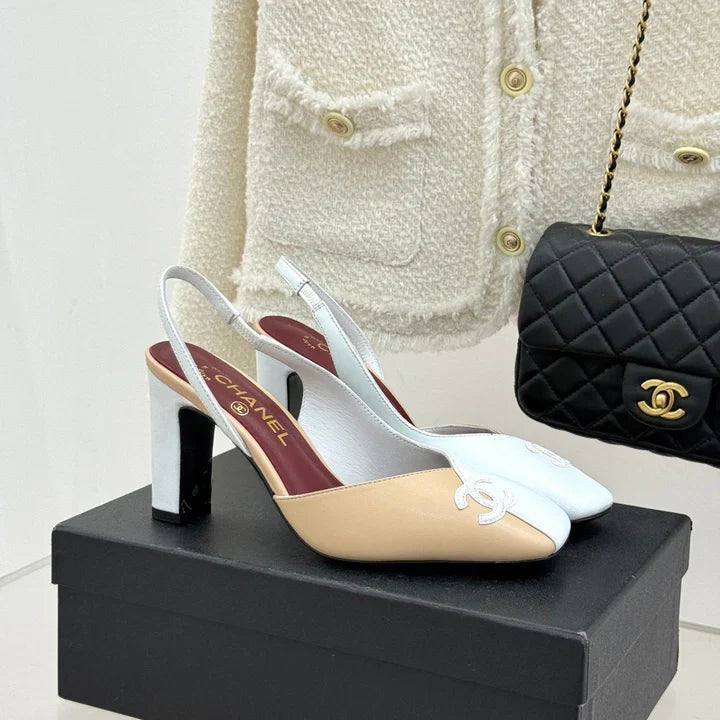 Chanel 26S Slingback 85mm Beige White in Cowhide 706355
