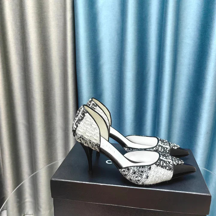 Chanel Pointed Toe Vintage High Heels 70mm Black White in Coarse wool fabric 712466