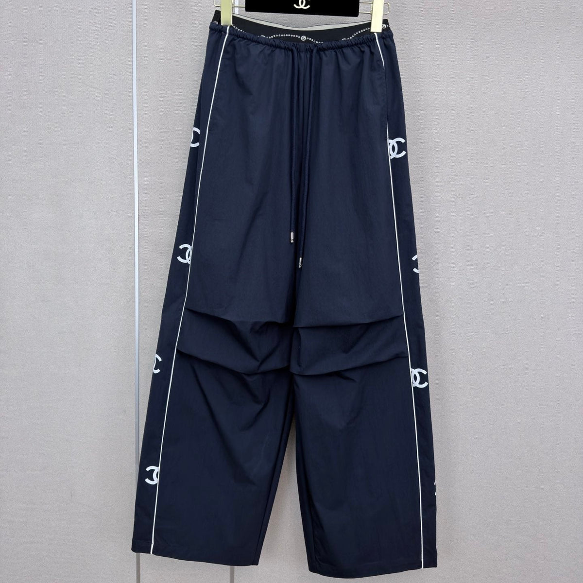 CC Double C Logo Printed Wide-leg Pants Navy Blue in Nylon 379604