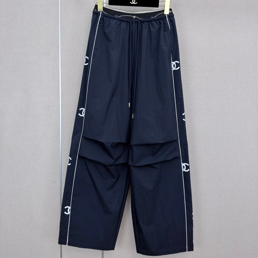 CC Double C Logo Printed Wide-leg Pants Navy Blue in Nylon 379604